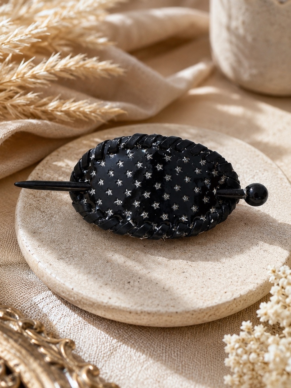 Black faux leather slide hair Stick Clip pin barrette.